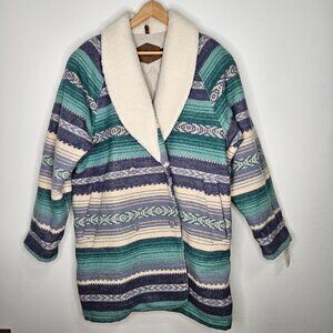 VTG NWT Woolrich Aztec Print Wool Long Coat Women's Sz XL Teal Blue Sherpa Colla